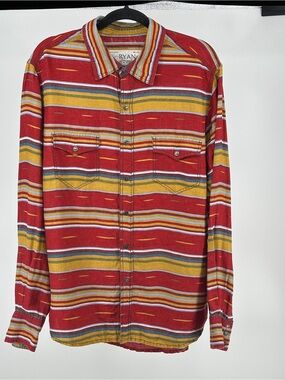 Ryan Michael Linen Blend Men's Large Red Yellow Striped Casual Button-Down Shirt